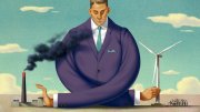 Man in suit blocking smokestack with one hand, holding wind turbine with the other