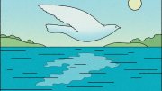 Minimalist dove flying above a lake with its reflection below and sun overhead
