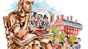 At an anxious time, c. 1940, seniors consult the crystal ball about their future; a cartoon with John Harvard statue