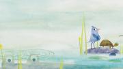 Illustration of Blue bird, turtle, and green frog by a pond with cattails and lily pads.