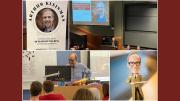 Four images: A poster announcing Arthur Kleinman's retirement; a photograph of him speaking at a podium in a packed auditorium; a bobblehead of Harry Lewis, wearing glasses and a long brown coat; and Harry Lewis at a classroom podium, smiling 