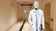 AI robot wearing a white doctor's coat in the hallway of a hospital emergency room