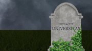 Headstone reading "Here Lies University" in Latin