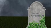 Headstone reading "Here Lies University" in Latin