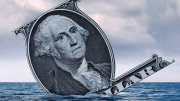 Illustration of a tilted dollar bill with George Washington’s face, partially submerged in ocean waves under cloudy skies.