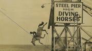 A woman and a horse jump off a large platform into water