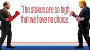 Illustration of Donald Trump and Alan Garber wearing boxing gloves, facing off beneath the quote: “The stakes are so high that we have no choice.”