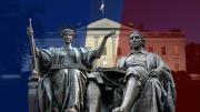 rendered portraits of the Alma Mater and John Harvard statues against the White House in the background