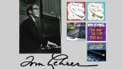 Montage of Tom Lehrer performing at a piano; his signature; and several album covers