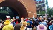 protesters gather outside of Moakley courthouse