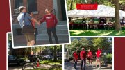 A collage showing Harvard president Alan M. Garber greeting new students on campus, shaking hands, gathered students and families in the Yard, and orientation setup