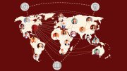Illustrated world map showing people connected across countries with icons for ideas, research, and communication.