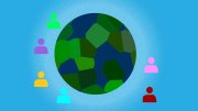 Stylized Earth surrounded by six colorful human icons on a blue background