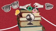 Stack of books with glasses, hands, gears, a globe, and a lightbulb on a red background.