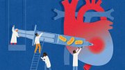 Illustration of scientists injecting large syringe with mitochondria into human heart.