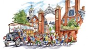 Whimsical illustration of students rushing through ornate campus gate from bus marked “Welcome New Students.”