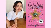 Karla Cornejo Villavicencio smiling beside the pink cover of her novel "Catalina" featuring a jeweled star and eye.