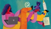 Colorful illustration of woman multitasking with laptop, baby bottle, toy, and checklist.