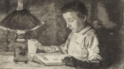 A drawing of a young boy reading by lamplight.