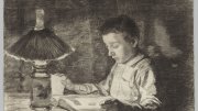 A drawing of a young boy reading by lamplight.