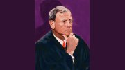 An illustrative portrait of Justice Roberts in a black robe, resting his chin on his hand.