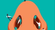Illustration of tiny doctors working inside a large nose against a turquoise background.