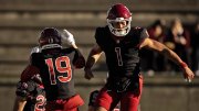Two Harvard football players celebrate a play, with one jumping excitedly in a stadium.