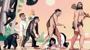 Evolutionary progression from primates to humans in a colorful illustration.