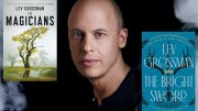 A bald man in a black shirt with two book covers beside him, one titled "The Magicians" and the other "The Bright Sword."