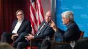 Left to right: Jason Furman, Joseph Aldy, and Robert Rubin in conversation at the Harvard Kennedy School's Institute of Politics