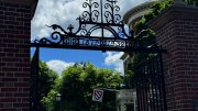 Wrought iron gate with ornate design, flanked by brick pillars and lush greenery.