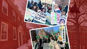 Students holding colorful protest signs on a college campus, expressing enthusiasm and unity.