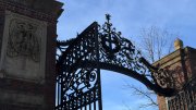 Wrought iron gate opening against a bright blue sky, showcasing intricate designs.