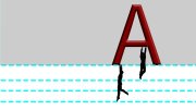 A large red letter "A" towers over two black silhouettes reaching up and one walking away.