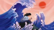 Illustration of a person sitting on a large cresting wave, writing, with a sunset and ocean waves in vibrant colors.