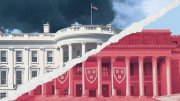 White House and Harvard University buildings split diagonally with contrasting colors.