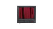 A vintage television set with a dark frame and red curtains inside the screen.
