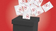 White envelopes with red symbols falling into a black ballot box against a red background.