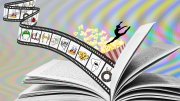 An open book with a film strip emerging, trailing popcorn and a dancer silhouette.