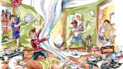 A chaotic scene in a messy room with people engaging in various activities, some cleaning.