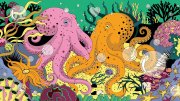 Two colorful octopuses swim among vibrant coral and sea life in a lively underwater scene.