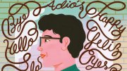 A profile illustration of a man surrounded by colorful, whimsical text in multiple languages.
