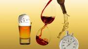 A timer, glass of beer, wine glass pouring red liquid, and stopwatch against a gold background.