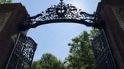 Wrought iron gates with intricate design, framed by greenery against a clear blue sky.
