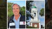 Smiling man in a Harvard jacket alongside a clock tower with green dome against the sky.