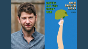 Portrait of a man in a denim shirt beside a blue book cover for "Gretal and the Great War" featuring an illustration of a leg holding an army helmet..