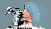 An illustration of a government building, policy, and AI