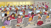 A busy classroom filled with students working at computers, colorful decor, and a bright atmosphere.