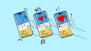 Three hands hold smartphones displaying social media profiles with likes and hearts.