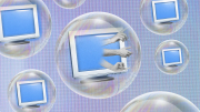 Computers with hands emerging, enclosed in translucent bubbles against a pastel background.